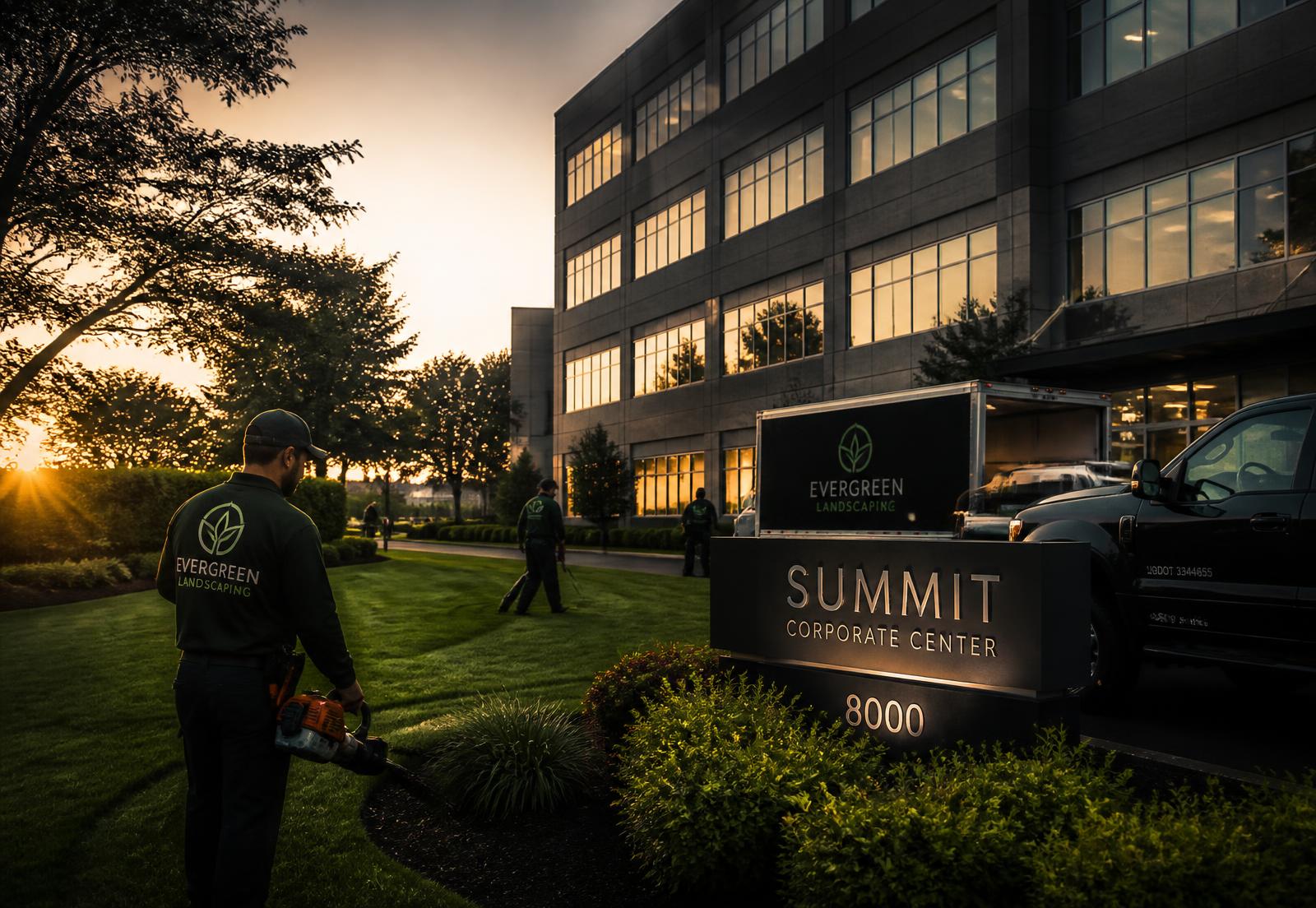 Commercial grounds crew maintaining a corporate office campus at dusk